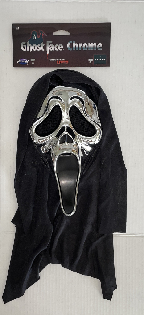 GHOST FACE SILVER CHROME MASK WITH SHROUD HALLOWEEN COSTUME NEW